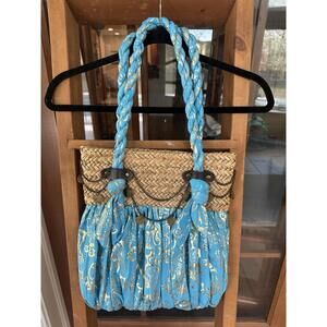 Sun n Sand Straw Natural Beach Bag Tote Purse Woven Gypsy Boho Fairy Blue Gold